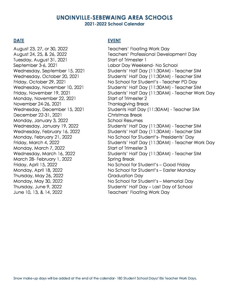 Proposed 2021-2022 Calendar- Back